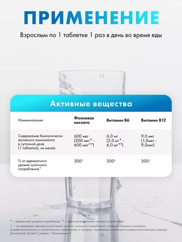 Фолиевая кислота, с витаминами В6 и В12, табл. 0,1г, № 50