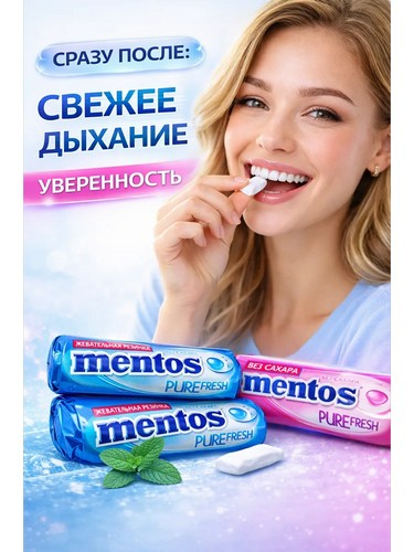 Жевательная резинка MENTOS PURE FRESH вишня, арбуз, виноград, мята, тутти-фрутти 15,5г.