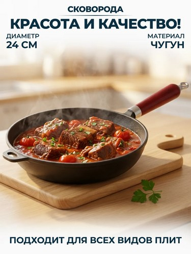 Сковорода чугун, d24х5см, деревянная ручка