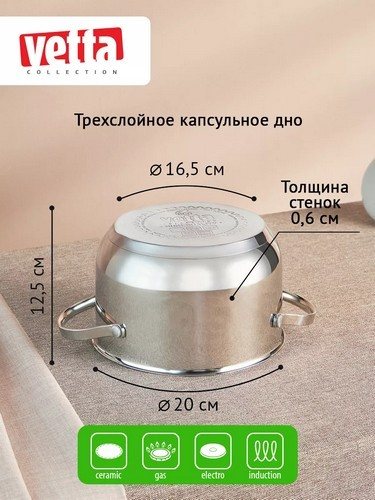 Кастрюля 3,6л 20х12,5см со стекл крышкой индукция Бирмингем