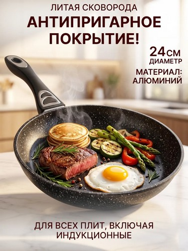 Сковорода литая d24см, антипригарное покрытие Мрамор, индукция Танто