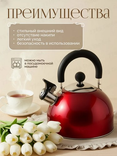 Чайник стальной 2,5л красный идукция RWK021