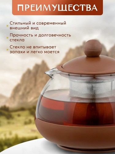 Чайник заварочный 750мл овальный ситечко из нержавеющей стали,стекло,полипропилен 3цвета