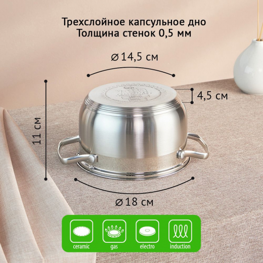 Кастрюля 2,6л 18х11см со стекл крышкой индукция Берн
